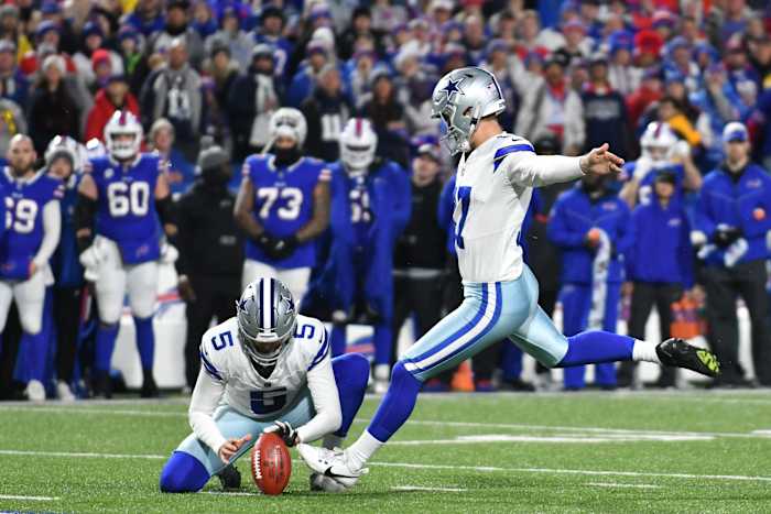 Dec 17, 2023; Orchard Park, New York, USA; Dallas Cowboys place kicker Brandon Aubrey (17) kicks a field goal in the first half against the Buffalo Bills at Highmark Stadium. Mandatory Credit: Mark Konezny-USA TODAY Sports